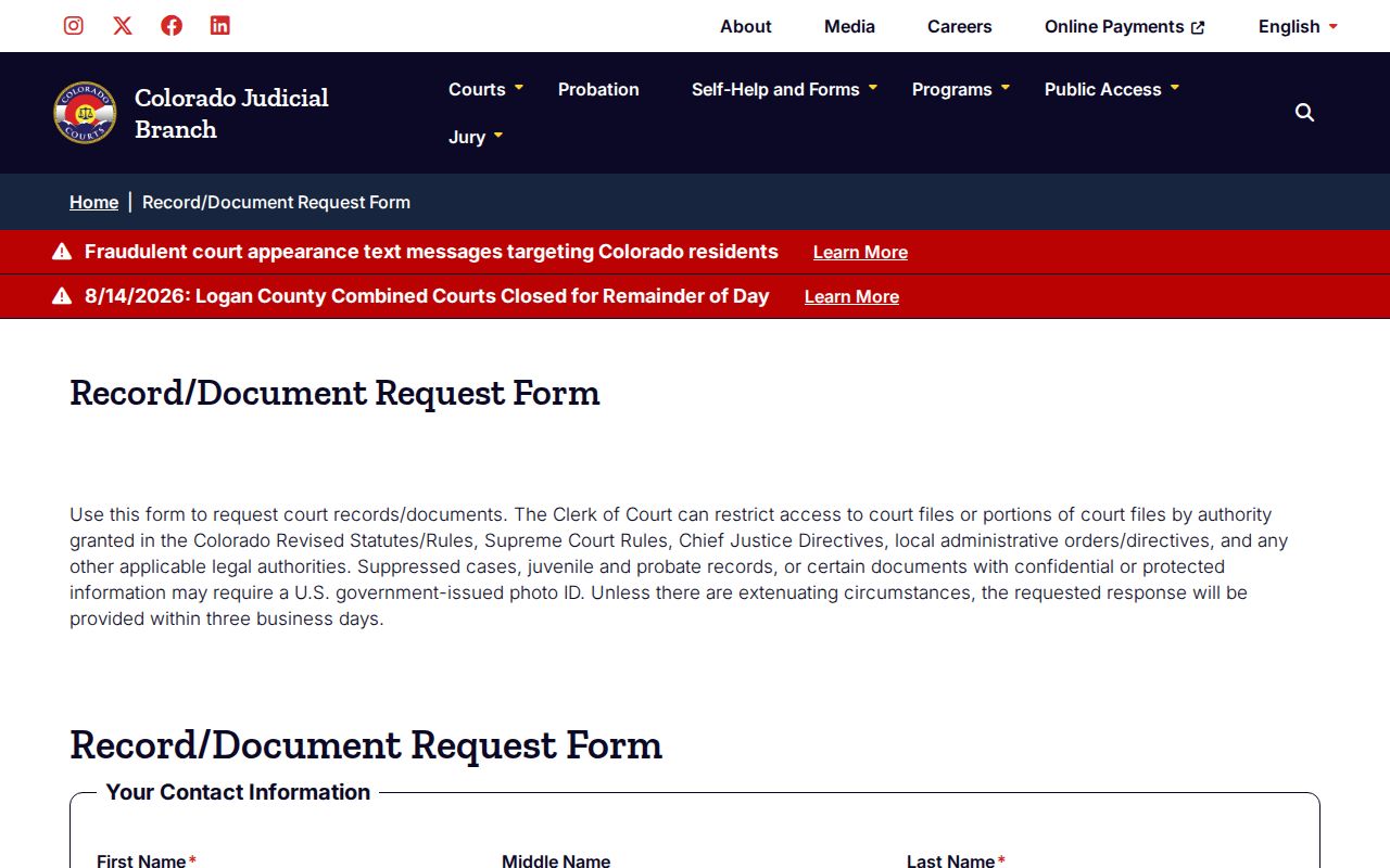 Chaffee County civil docket record request form