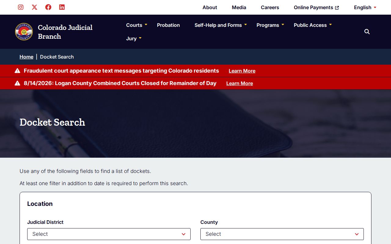 Chaffee County court dates search filters in Colorado Docket Search