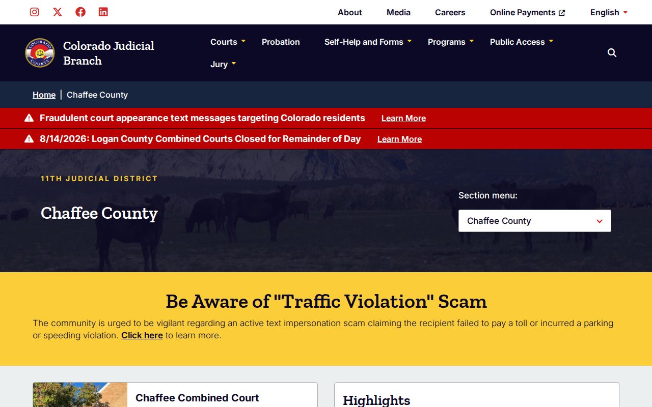 Chaffee County court docket and trial court access page