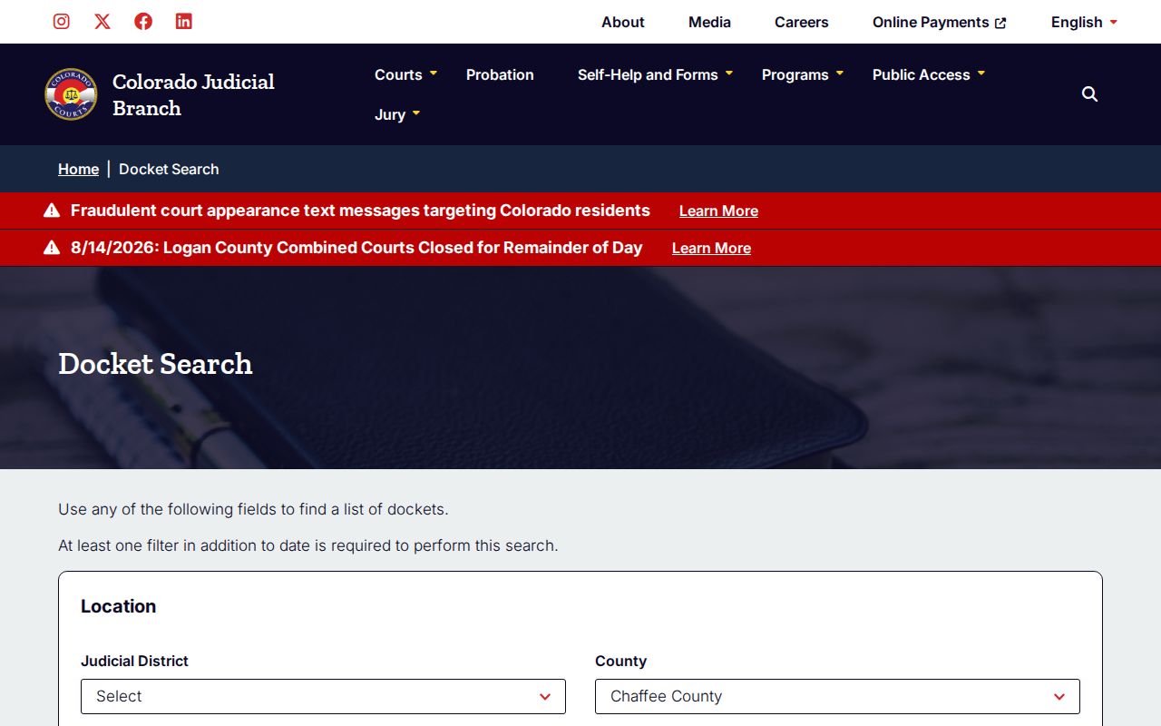 Chaffee County court docket search fields and hearing results